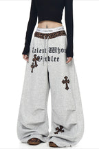 Leopard Waist Cross Print Wide Leg Pants