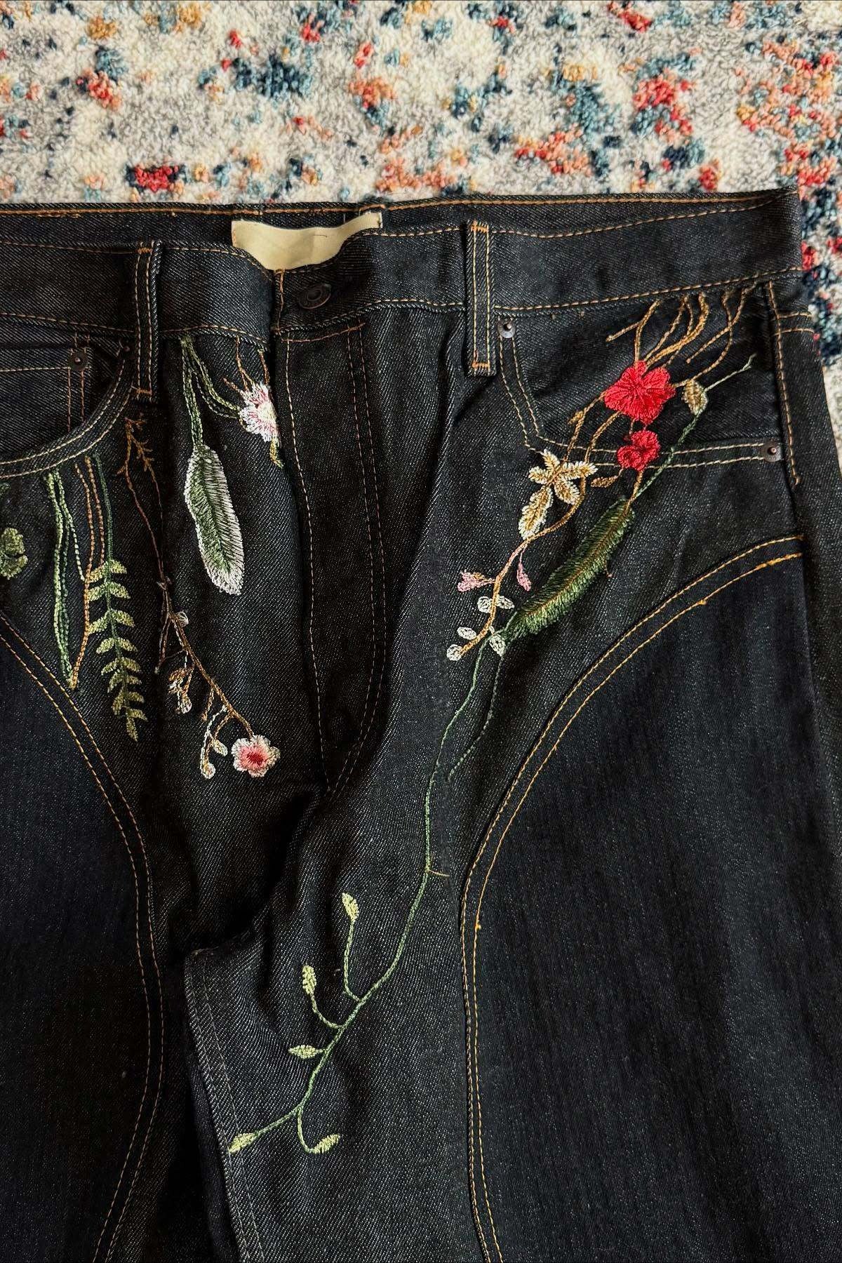 Floral Embroidered Patchwork Wide Leg Jeans