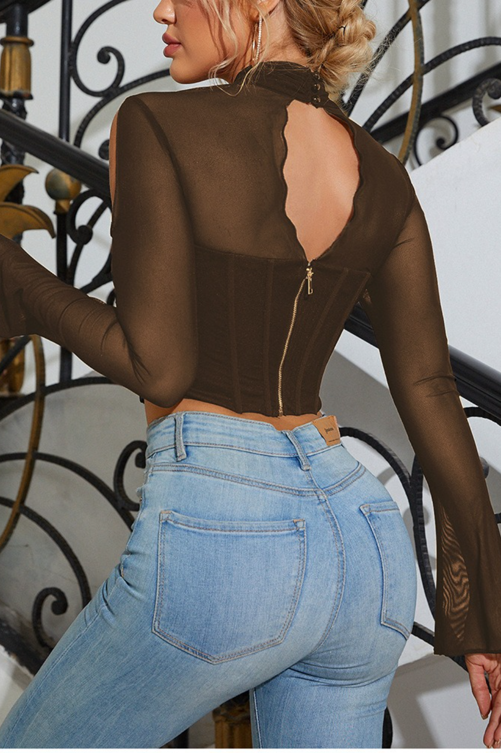 Mesh Halter Square Neck Boned Sheer Crop Top Secondary image