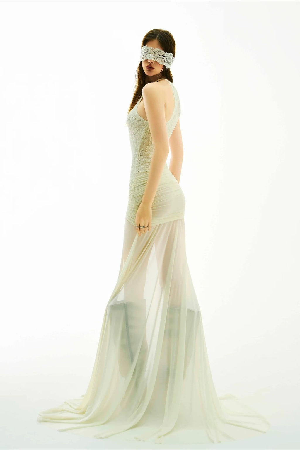 Lace High Neck Asymmetric Train Maxi Dress