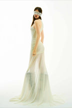Lace High Neck Asymmetric Train Maxi Dress