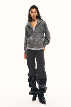 Camo Star Button Cropped Zip Hoodie