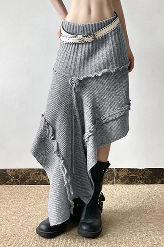 Knit Asymmetric Hem High Waist Midi Skirt Secondary image