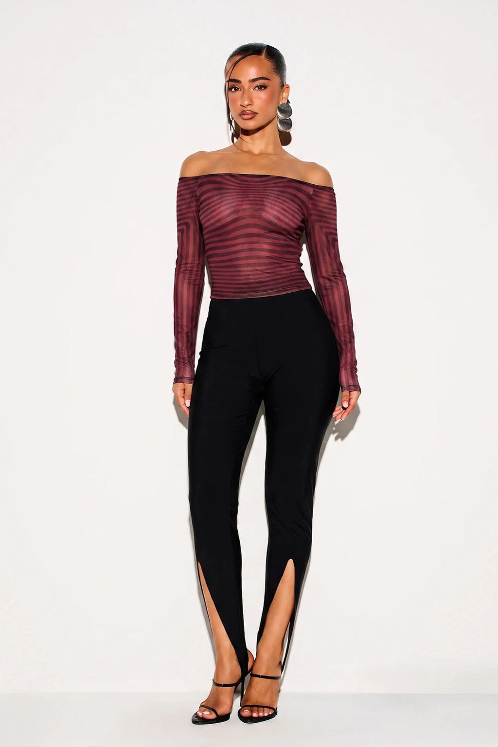 Striped Mesh Off Shoulder Long Sleeve T-shirts