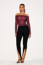 Striped Mesh Off Shoulder Long Sleeve T-shirts