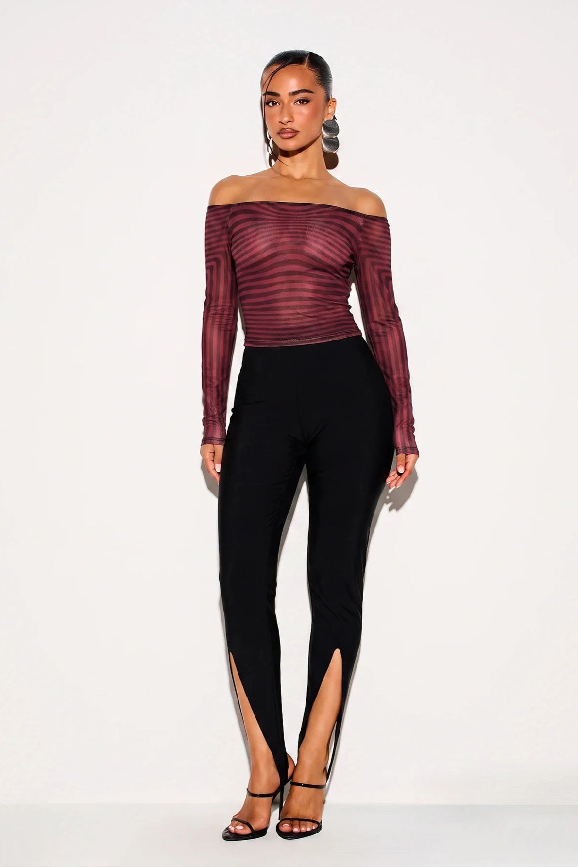 Striped Mesh Off Shoulder Long Sleeve T-shirts