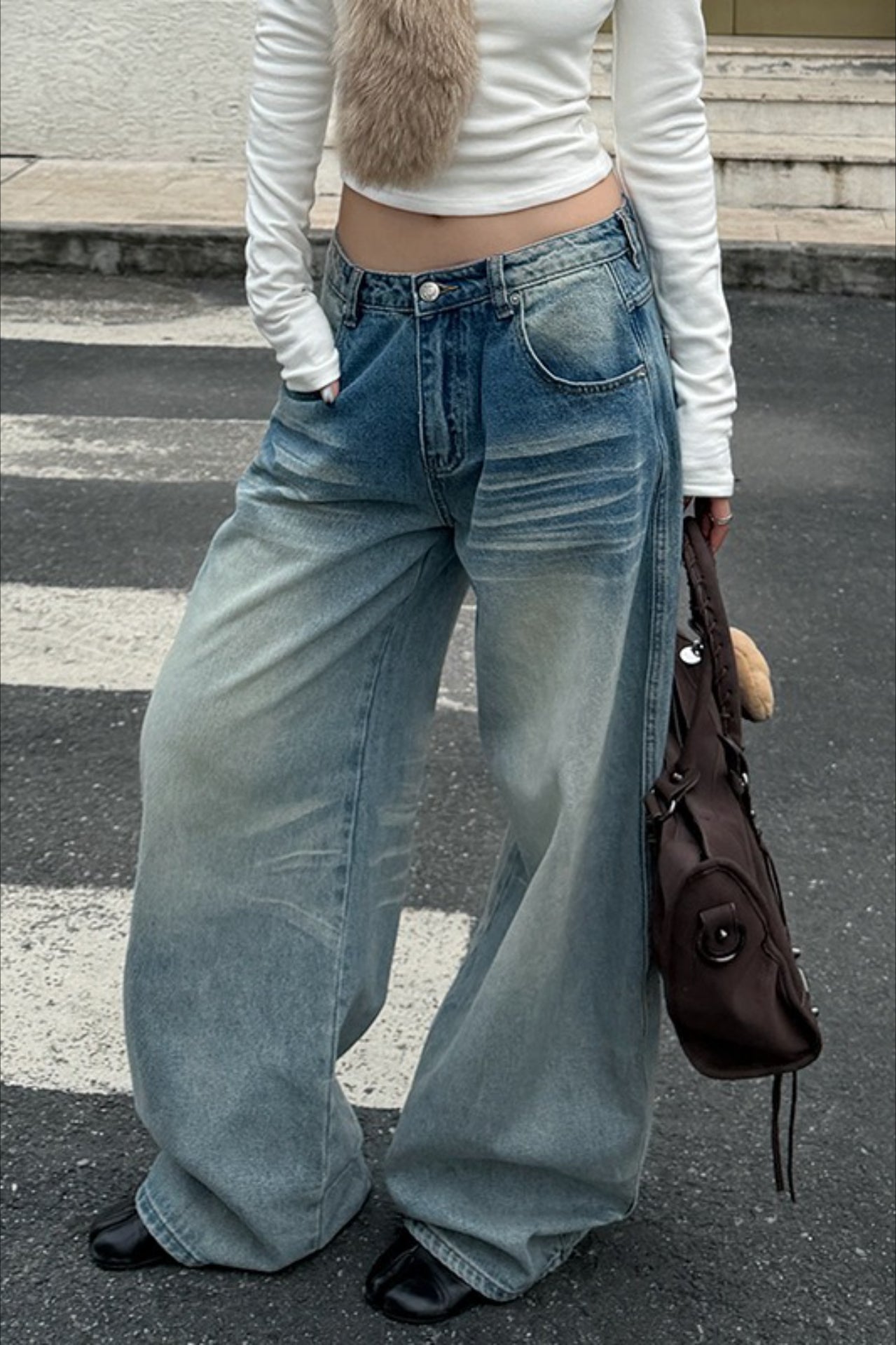 Light Wash Whisker Fleece Lined Wide Leg Loose Jeans Main image