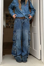 Multi Pocket Washed Streetwear Straight Leg Jeans