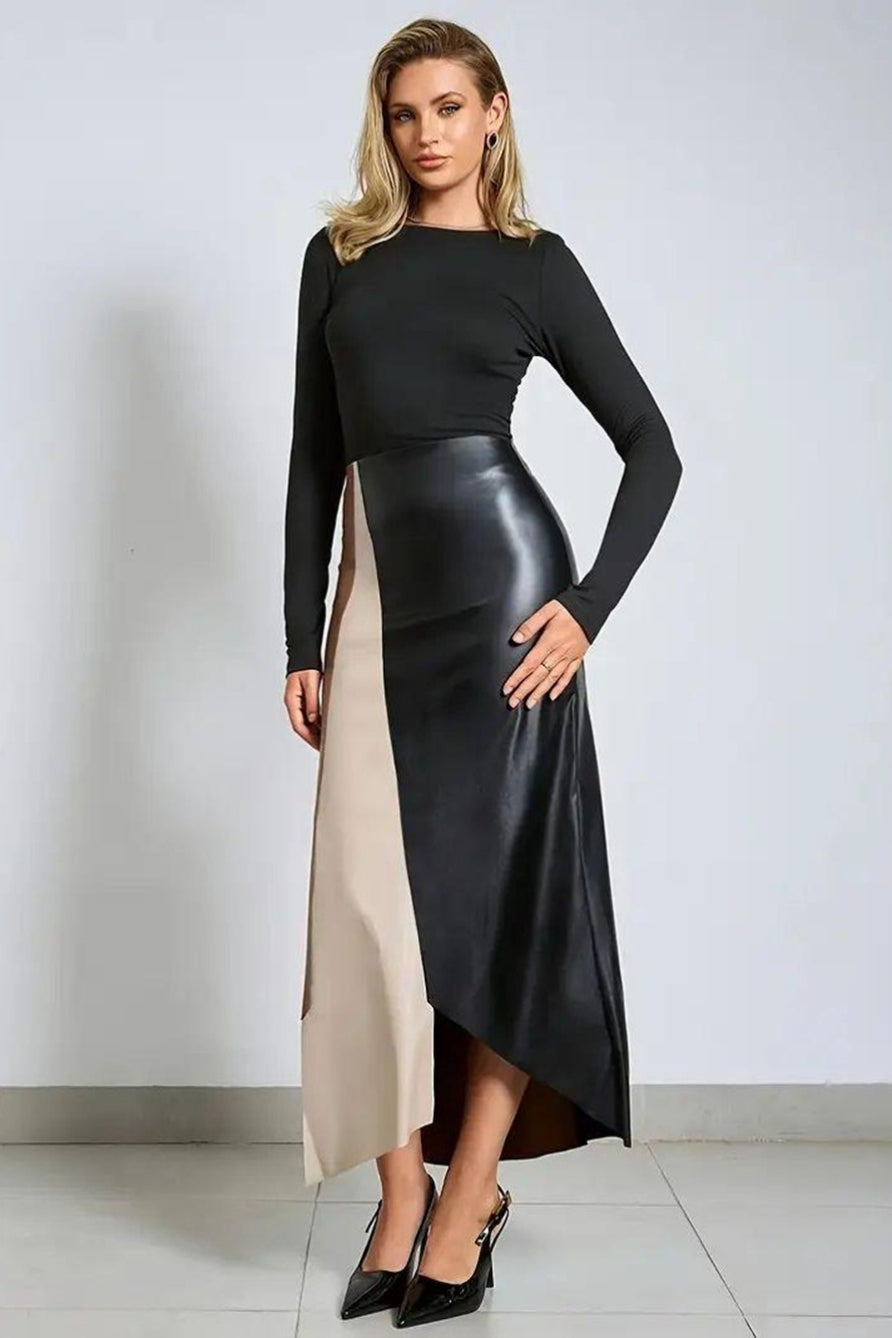 Color Block PU Leather High Waist Skirt Main image