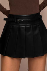 PU Leather Pleated High Waist Mini Skirt