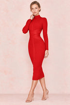 JuliaFashion - 2024 Rayon High Quality Turtleneck Lace Up Bandage Dress