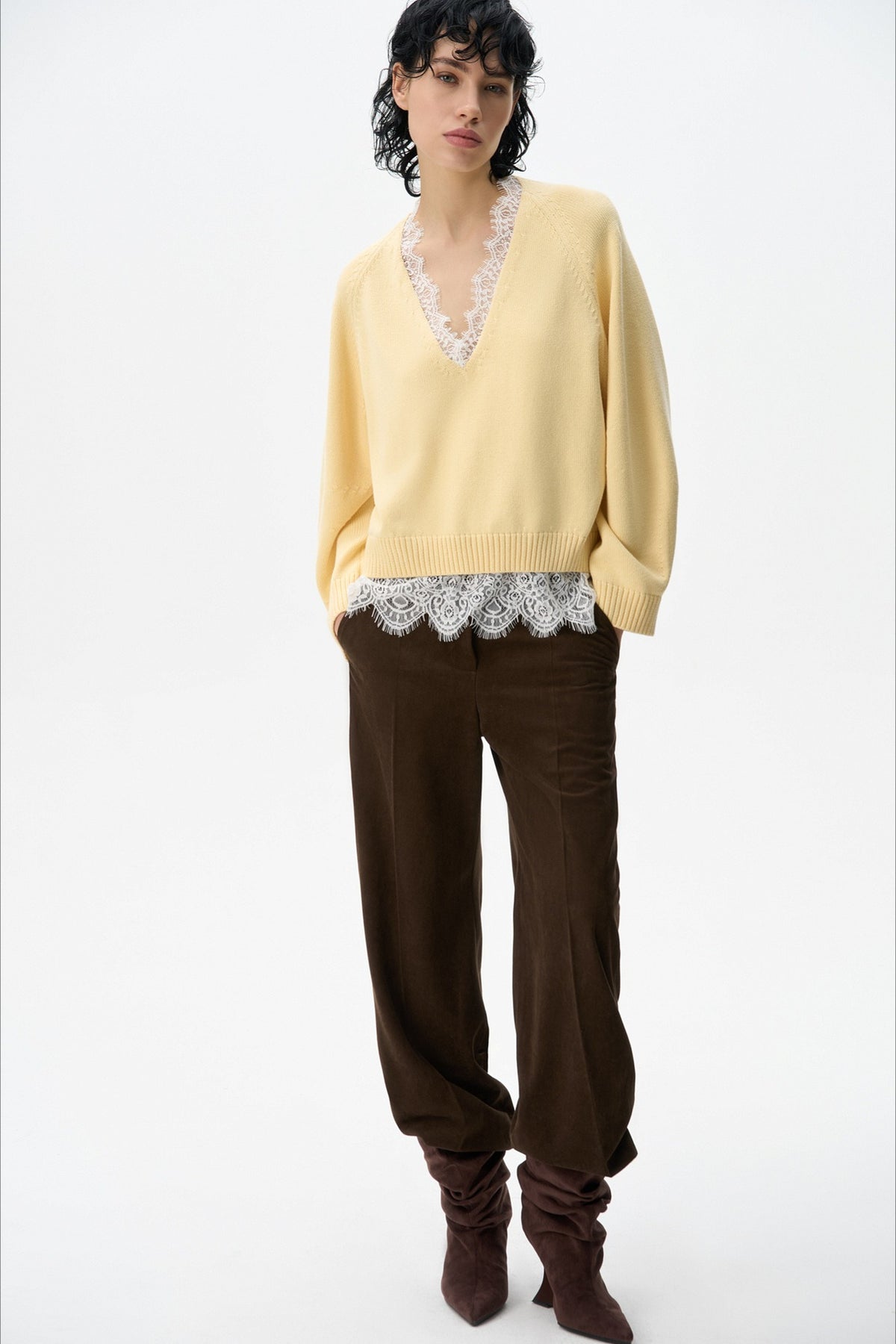 Lace Edge V Neck Relaxed Pullover Sweater