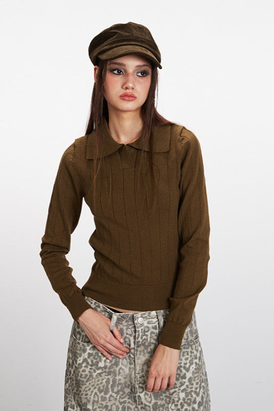 Ribbed Polo Neck Cropped Knit Top Secondary image