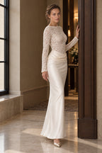 Sheer Lace Panel Ruched Satin Mermaid Maxi Lace Dress