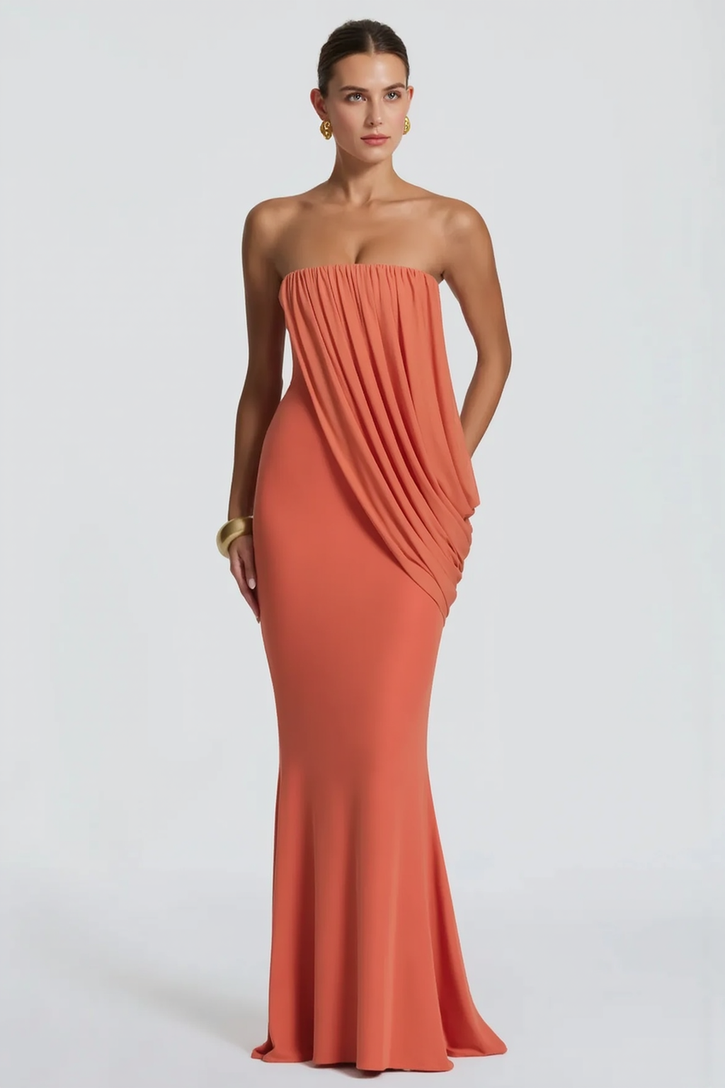 Draped Mesh Tube Irregular Ruche Maxi Slim Bodycon Dress