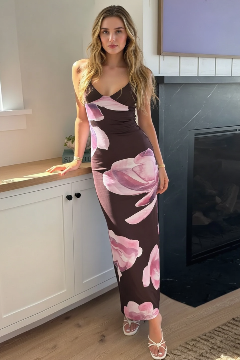 Romantic Tropical Curve Hugging Long Slip Dress Main image