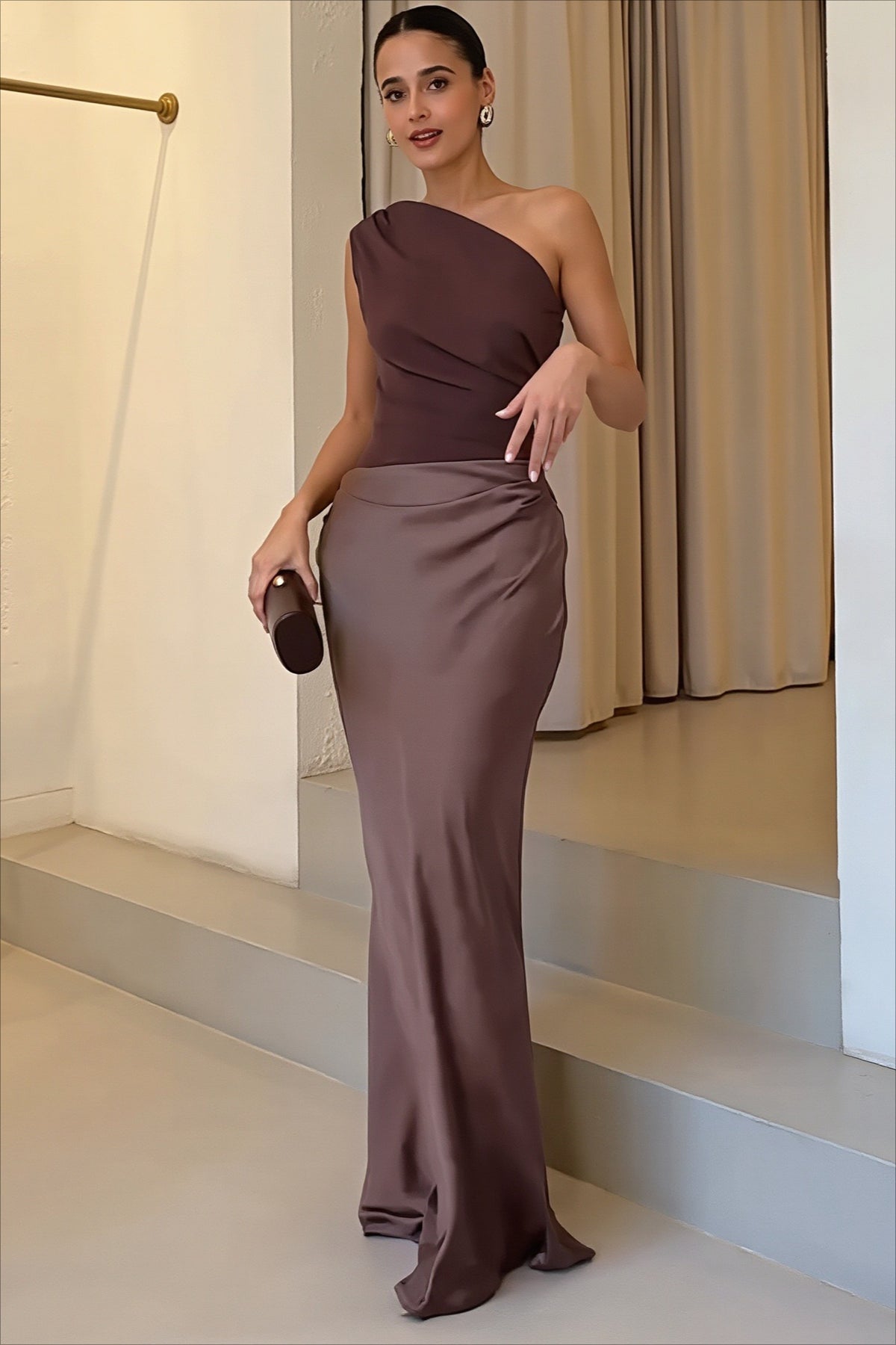 One Shoulder Satin Bodycon Maxi Party Dress