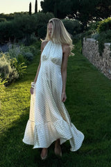 Polka Dot Backless Satin Maxi Dress