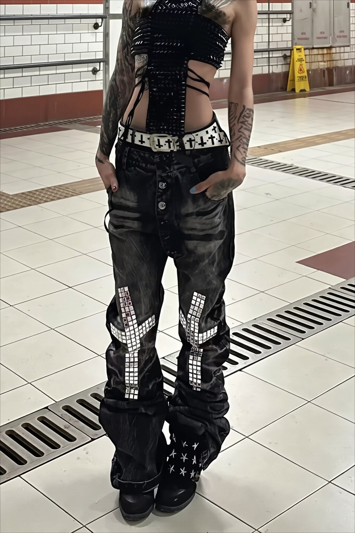 Cross Patchwork Washed Biker Straight Jeans