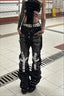 Cross Patchwork Washed Biker Straight Jeans