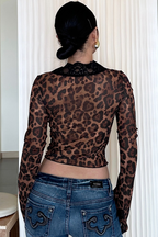 Printed Mesh Ruffled Sheer Chic  Crop Top