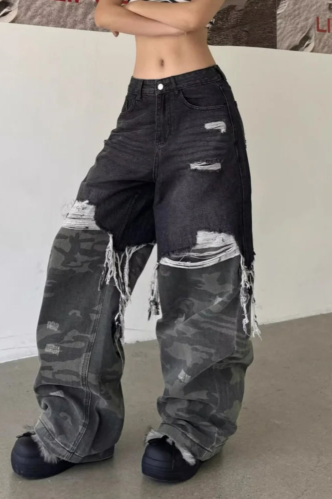 Camouflage Patchwork Baggy Wide-Leg Jeans Main image
