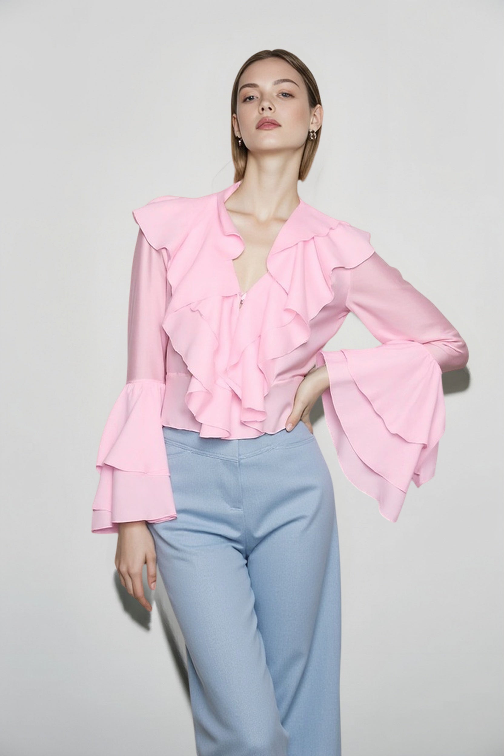 Chiffon Flare Sleeve Cropped Blouse Secondary image