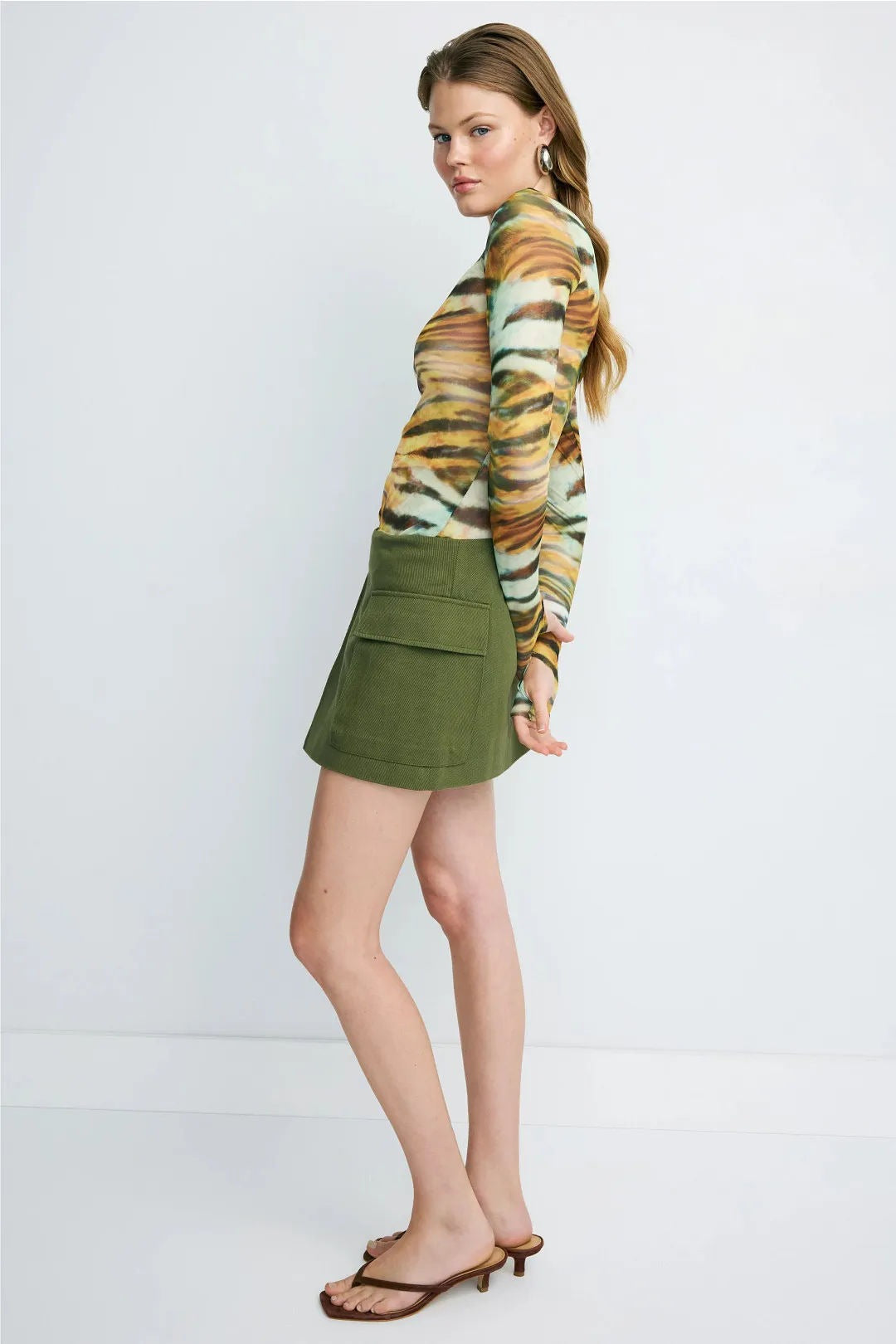 Abstract Print Mock Neck Mesh Long Sleeved T-shirts