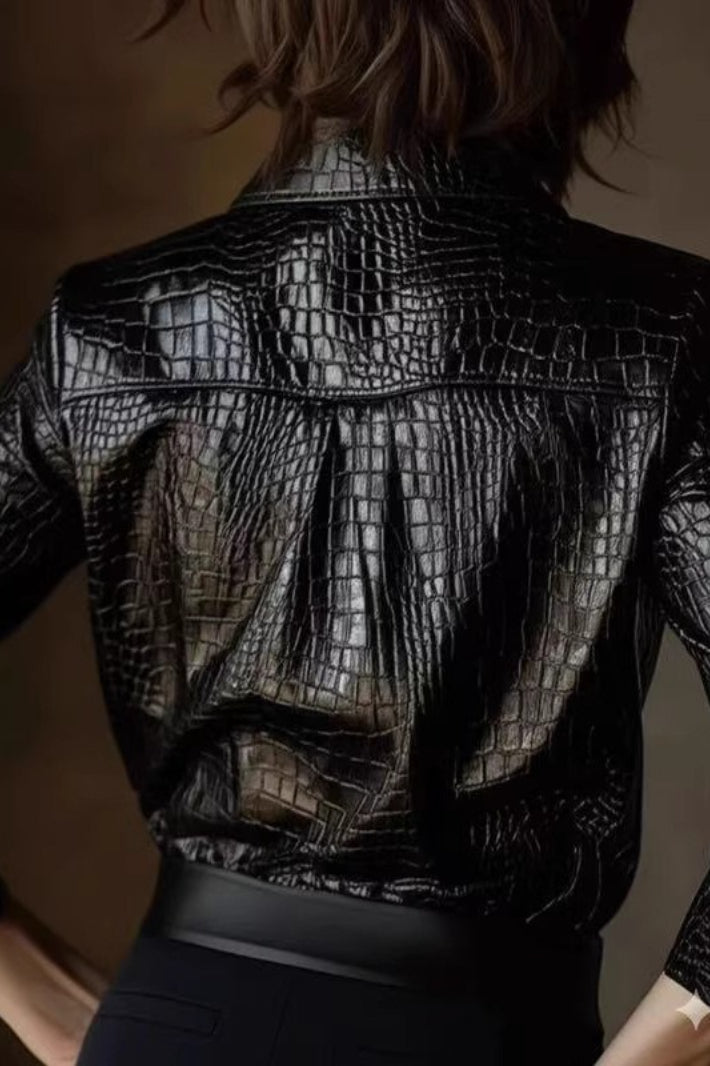 Snake Print Faux Leather Shiny Long Sleeve Chic Blouse Secondary image
