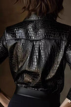 Snake Print Faux Leather Shiny Long Sleeve Chic Blouse