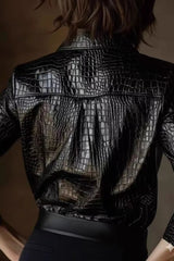 Snake Print Faux Leather Shiny Long Sleeve Chic Blouse