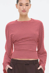 Striped Slim Waist Short Long Sleeve Crop Top