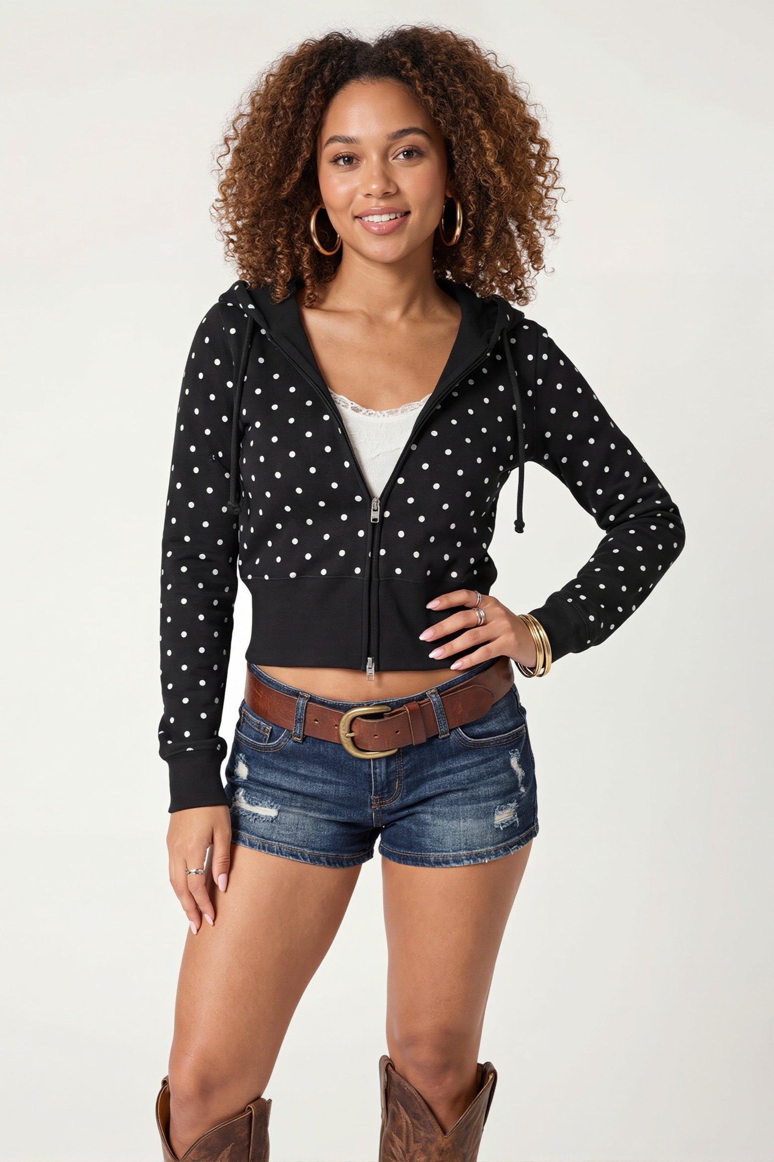 Polka Dot Fitted Zip Front Cropped Hoodie Secondary image