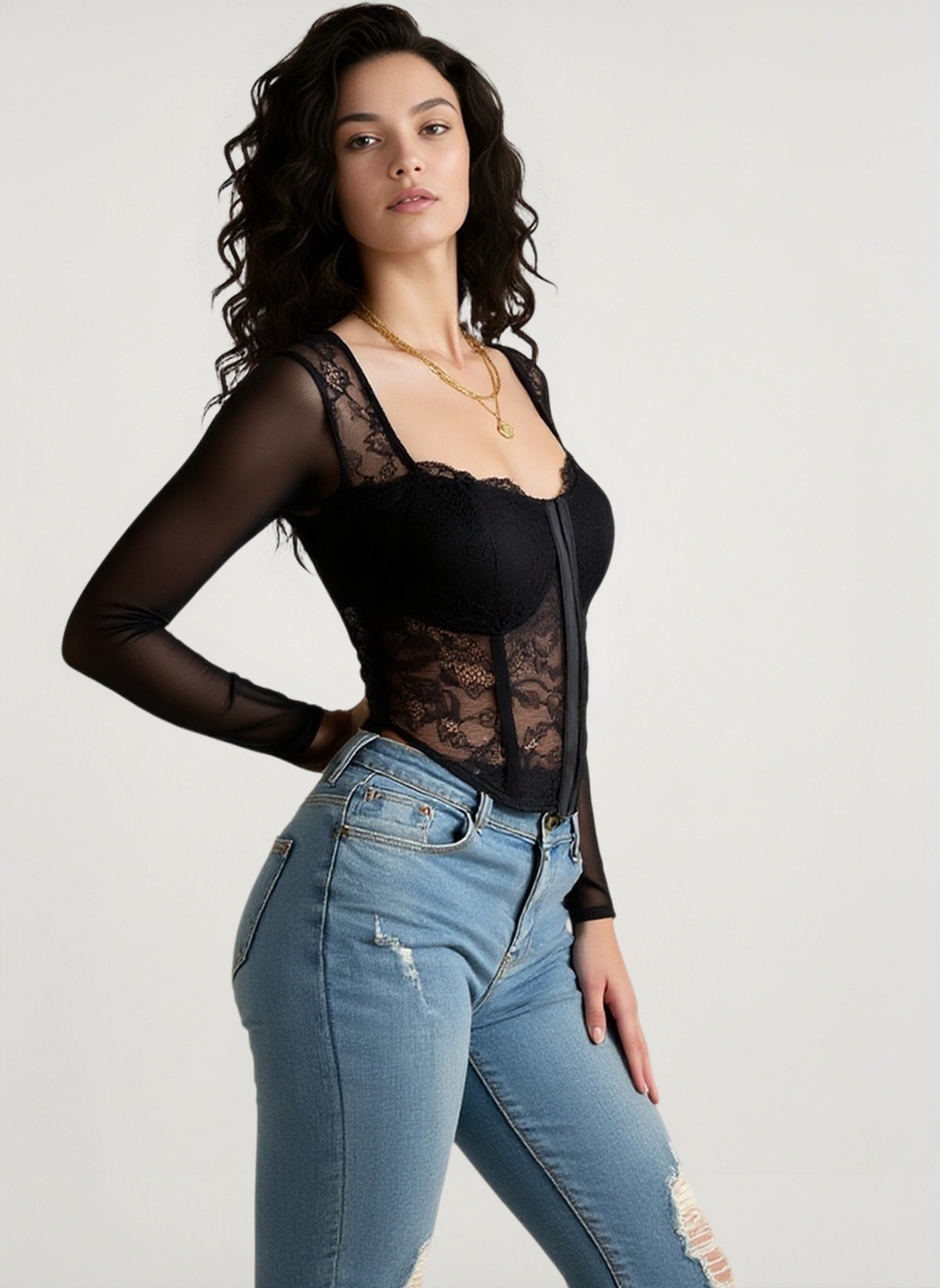 Lace Sheer Mesh Boned Buttoned V Neck Crop Top Secondary image