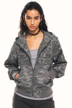 Camo Star Button Cropped Zip Hoodie
