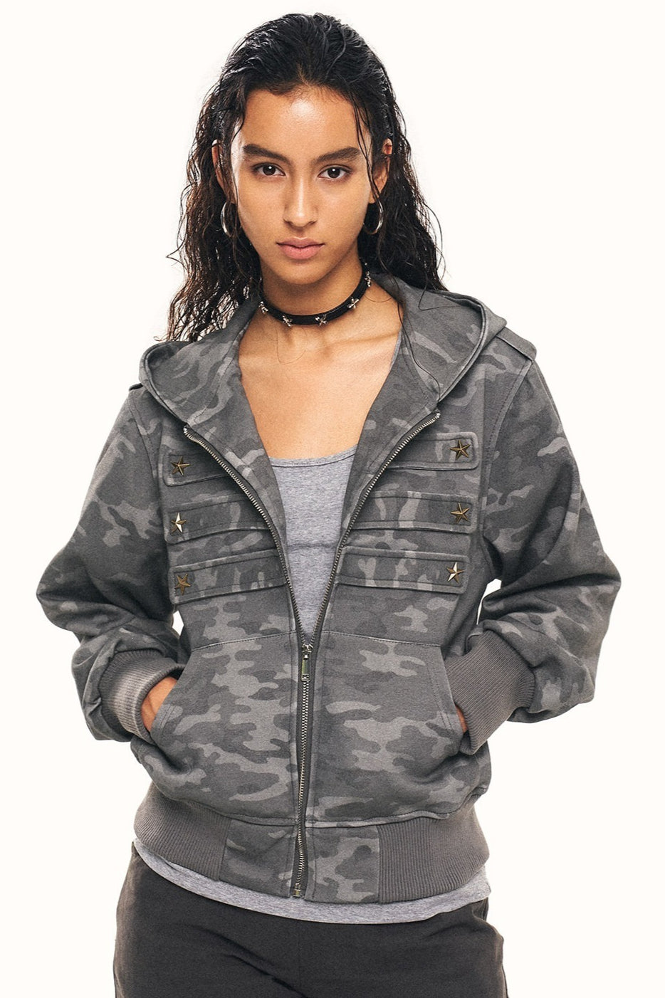 Camo Star Button Cropped Zip Hoodie