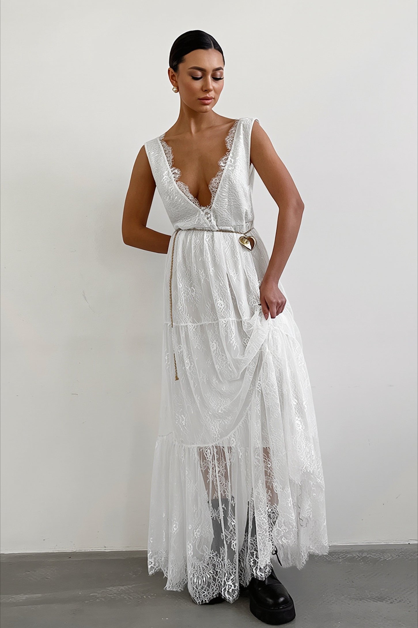 Plunge Neck Layered Lace Maxi Dress