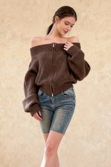 Retro Zip Off-Shoulder Slim-Fit One-Size Knit Cardigan