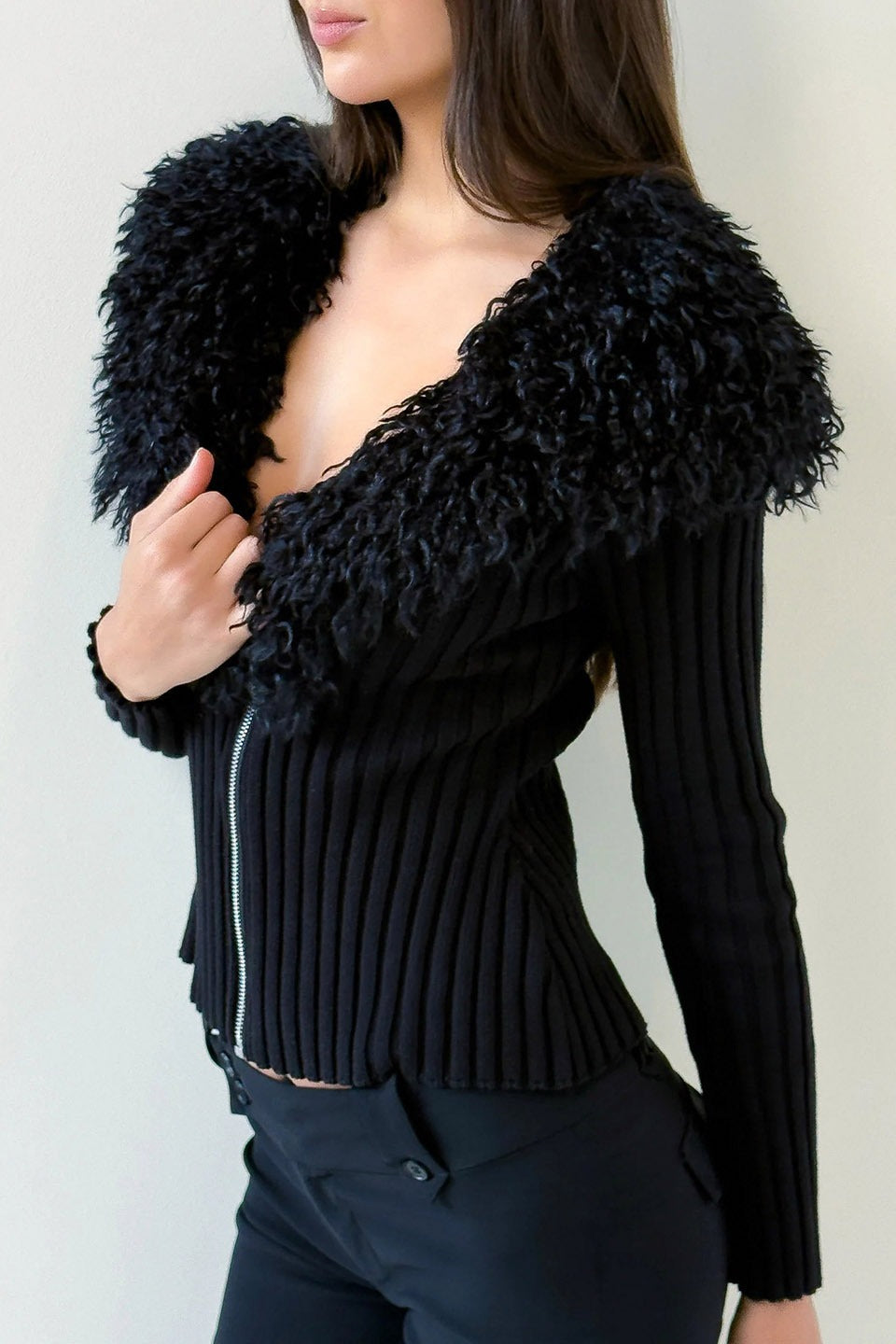 Black Plush Collar Fitted Zip Cardigan Sweater