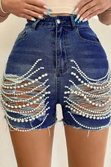 Embellished Distressed High Waist Shorts