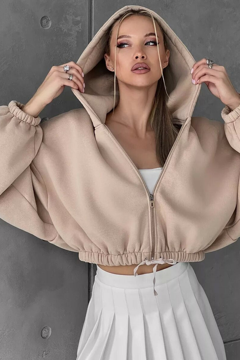 Cropped Waist Cinched Long Sleeve Zip-Up Hoodie