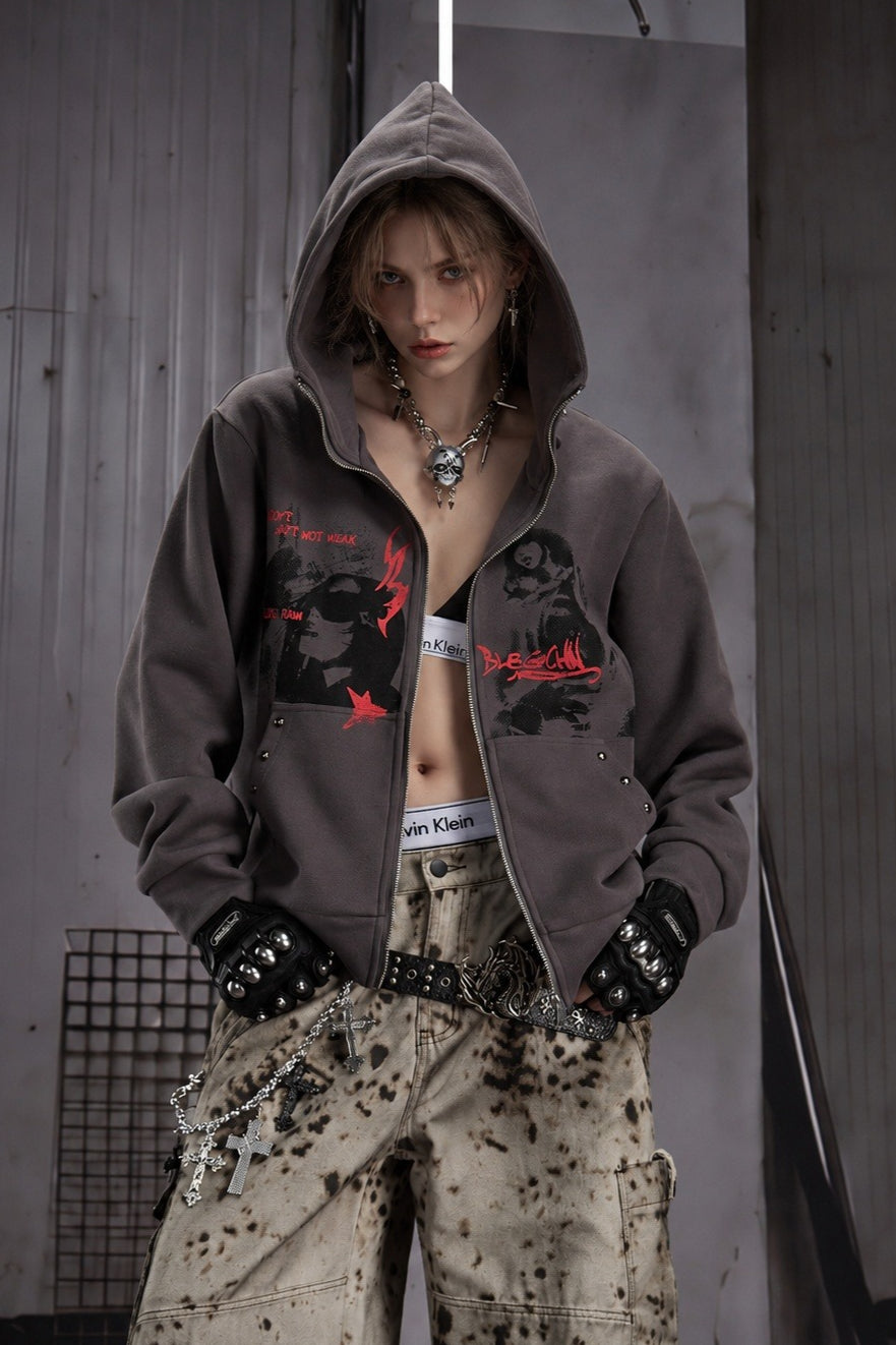 Gothic Graphic Washed Zip Up Hoodie
