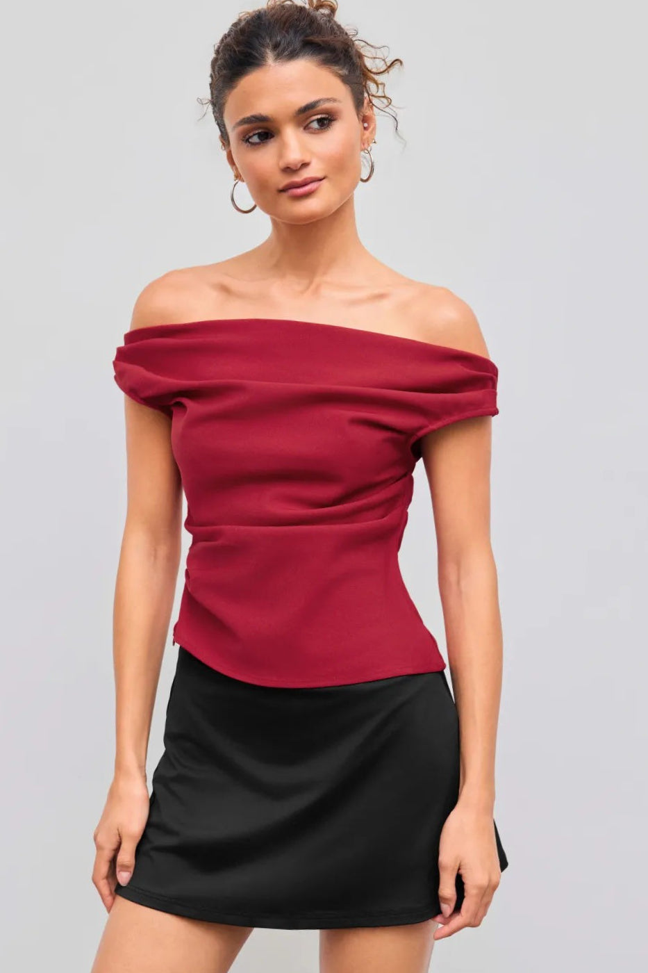 Off-Shoulder Ruched Waist Cinched Crop Top