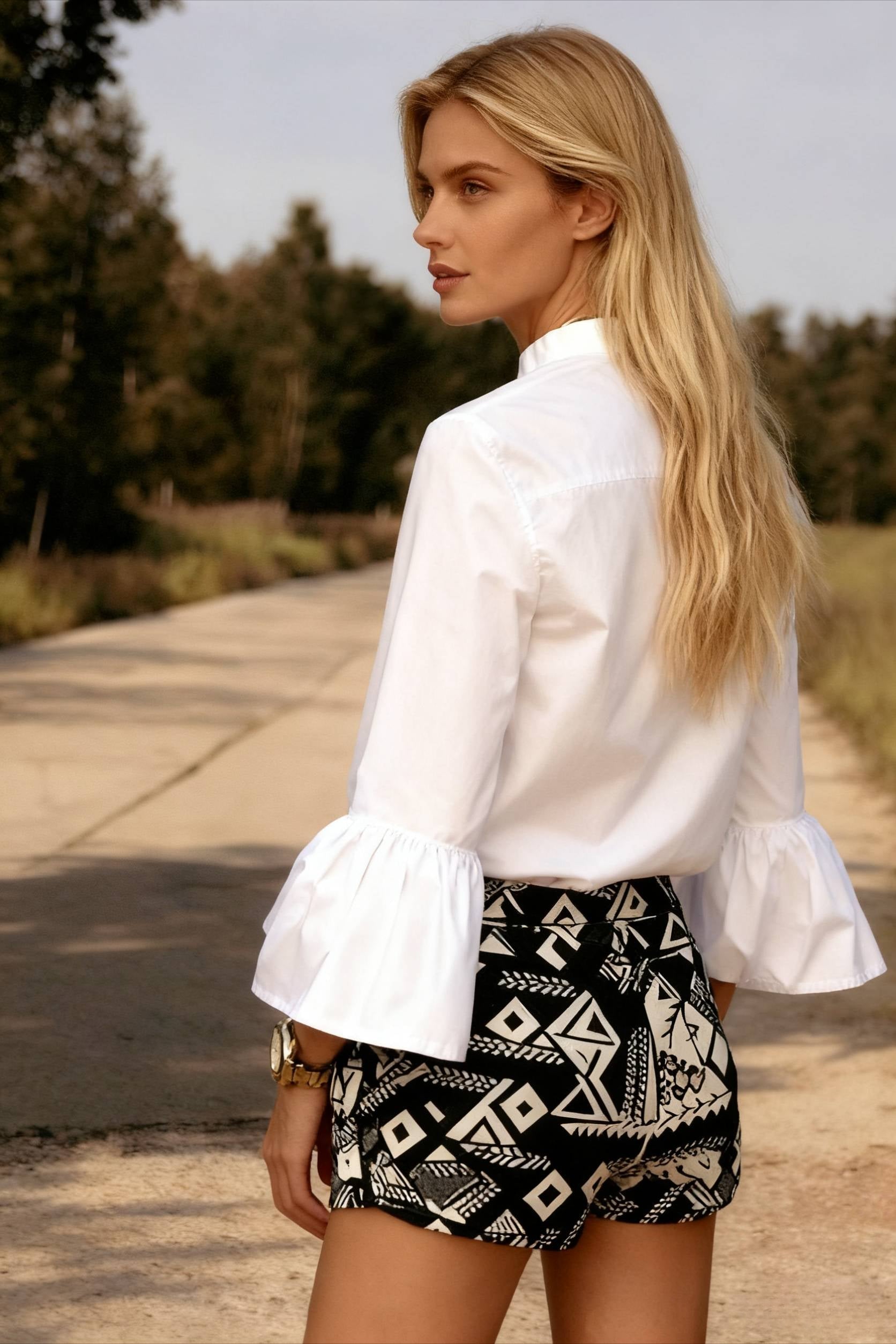 Blouse Office Arm - V Button Women's Flare Up White Neck Blouse Secondary image