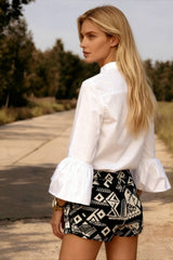 Blouse Office Arm - V Button Women's Flare Up White Neck Blouse