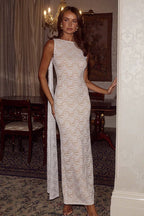 Sleeveless Tie Backless Elegant Floor Length Lace Dress