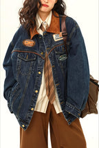 Embroidered Patch Oversized Blue Denim Jacket