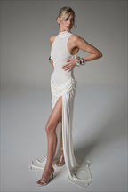High Neck Ruched High Slit Party Dress