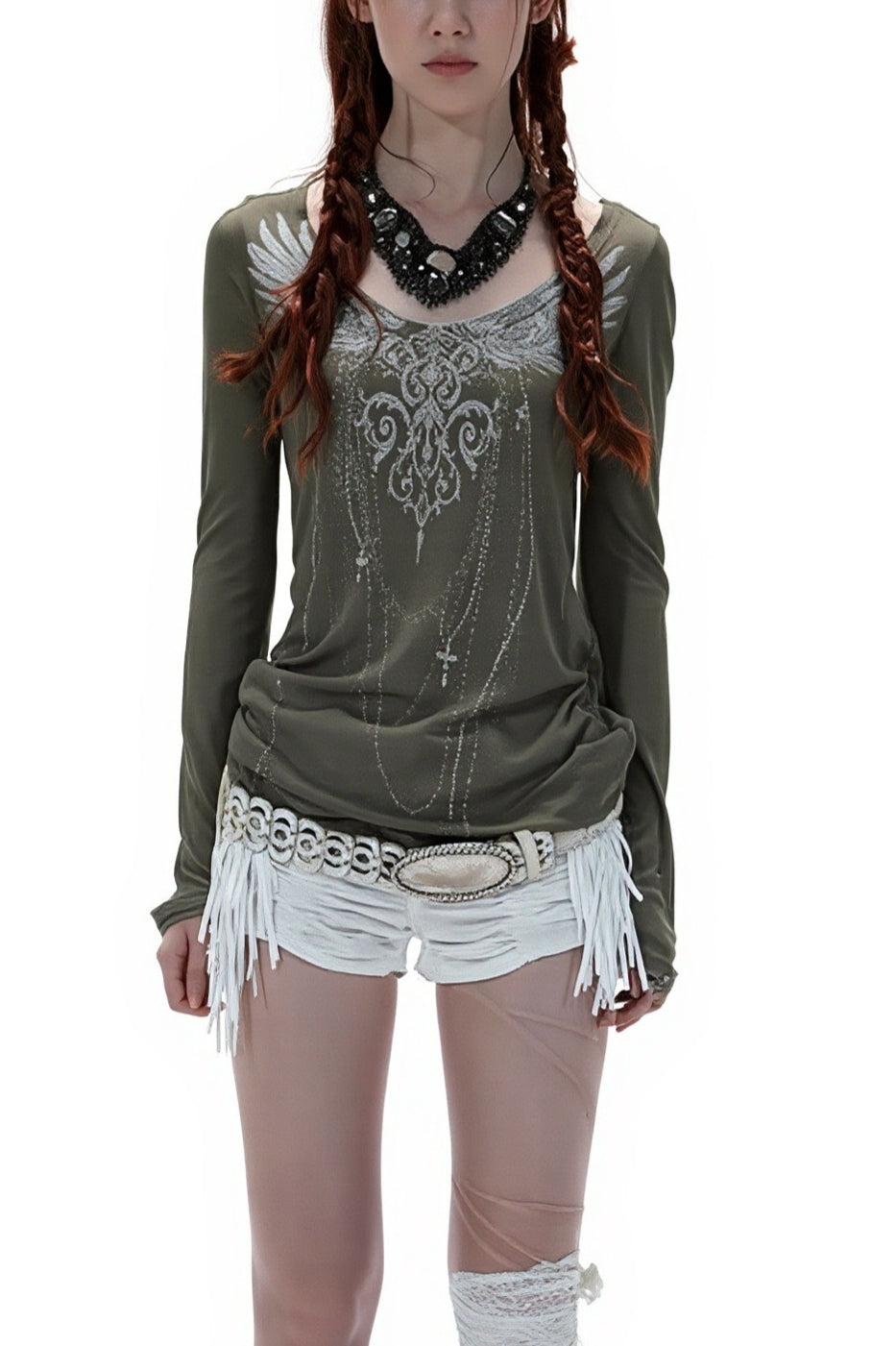 Wing Print Wide Neck Asymmetric Long T-Shirt