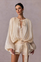 Chiffon Tie Neck Long Sleeve Ruffle Mini Dress